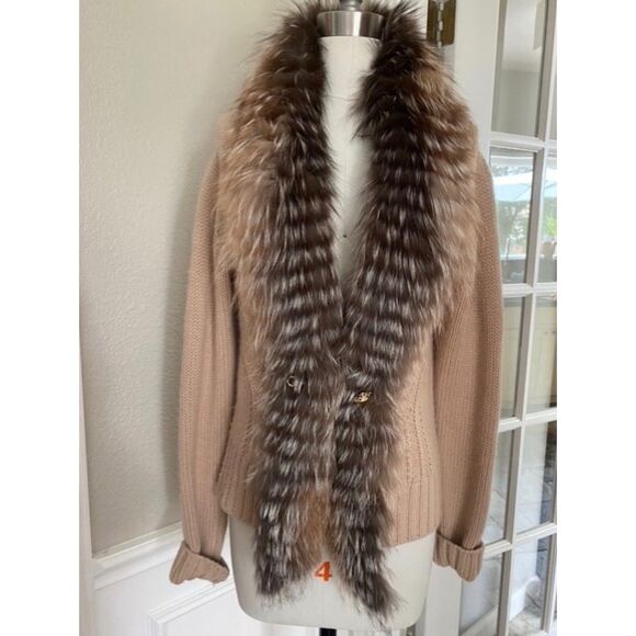EUC Roberto Cavalli Cashmere Fox Fur Trim Snake Charm Cardigan Sweater 44 10 - Picture 1 of 6